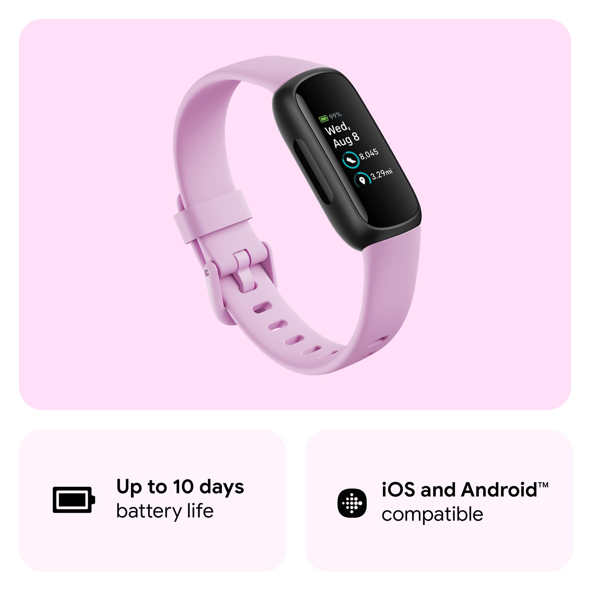 Google Fitbit Inspire 3 Health and Fitness Tracker with Stress Management, Workout Intensity, Sleep Tracking, 24/7 Heart Rate and More, Lilac Bliss/black, One Size (S and L Bands Included)
