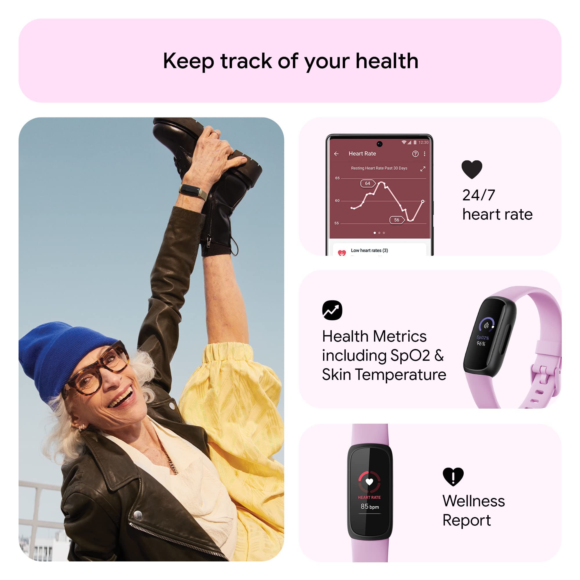 Google Fitbit Inspire 3 Health and Fitness Tracker with Stress Management, Workout Intensity, Sleep Tracking, 24/7 Heart Rate and More, Lilac Bliss/black, One Size (S and L Bands Included)