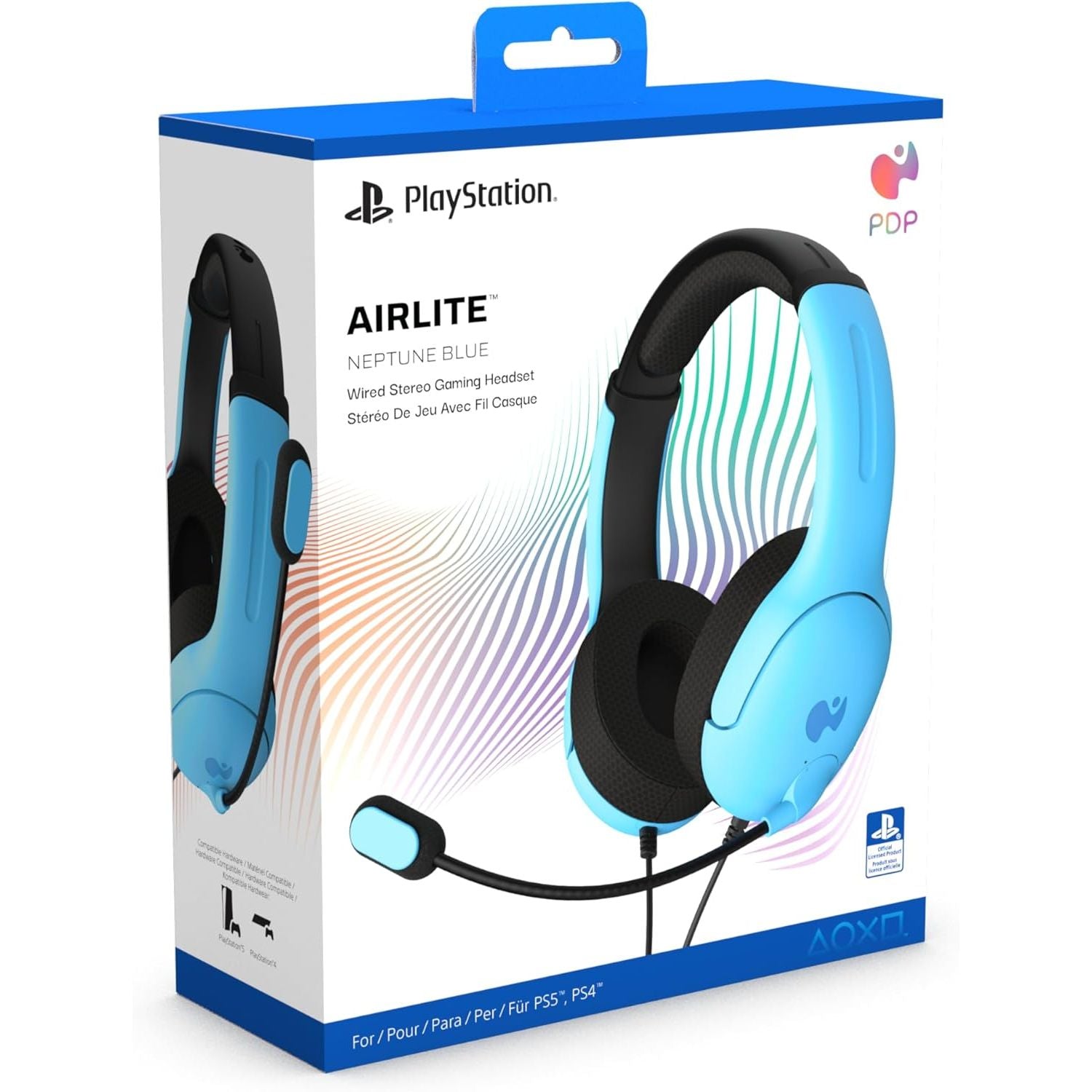 PDP AIRLITE Wired Stereo Gaming Headset, Officially Licensed by Sony PlayStation 5, PS5/PS4/PS3/PC, Lightweight Durable Headphones, 3.5mm Audio Jack, Noise-canceling Flip-to-Mute Mic, Neptune Blue - Open Box