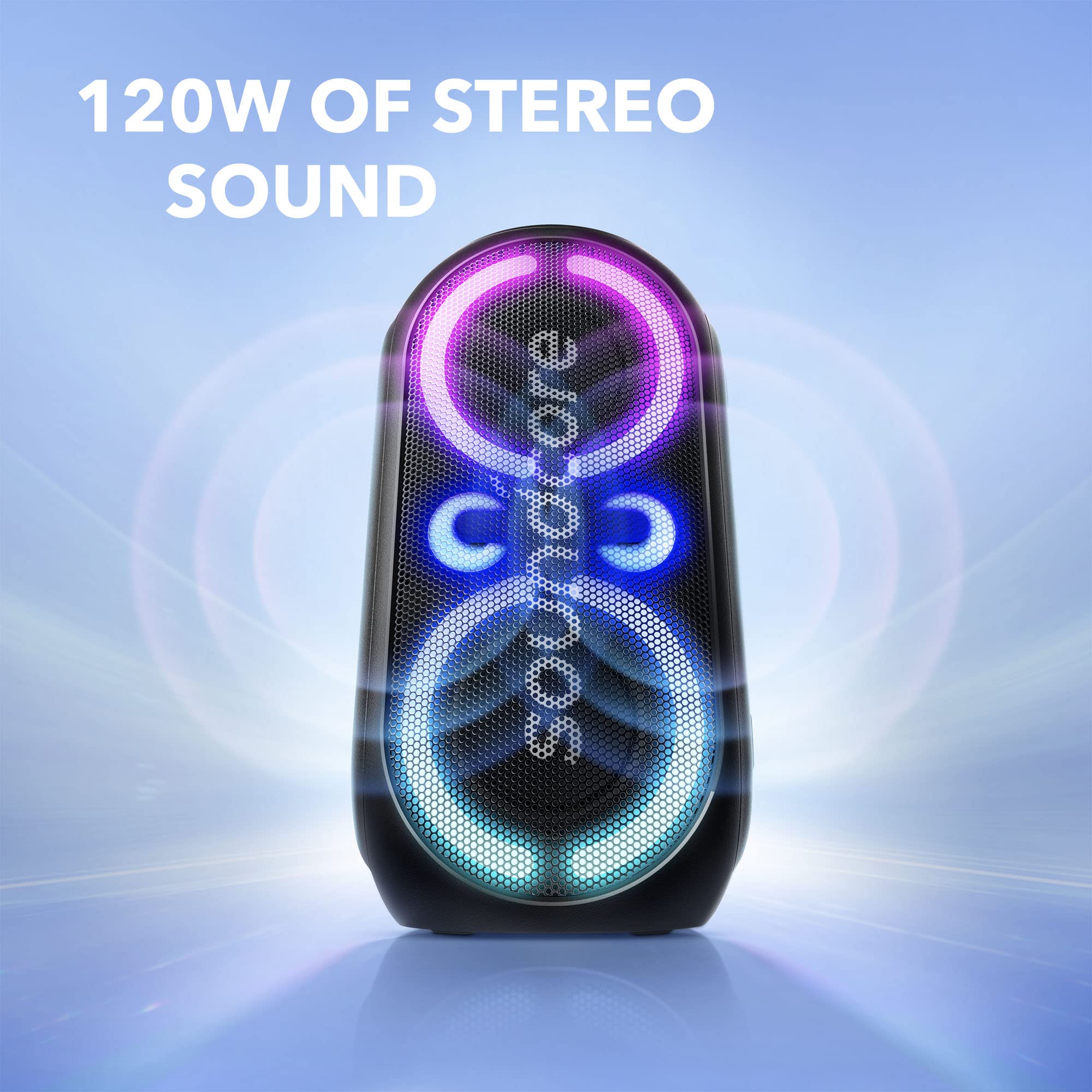 Soundcore Anker Rave Party 2 Portable Speaker, 120W Stereo Sound, PartyCast 2.0, Light Show, IPX4 Water-Resistant, 16H Playtime, Mic Input, Custom EQ & Bass Up for Party, Tailgating, Backyard, Pool - Open Box