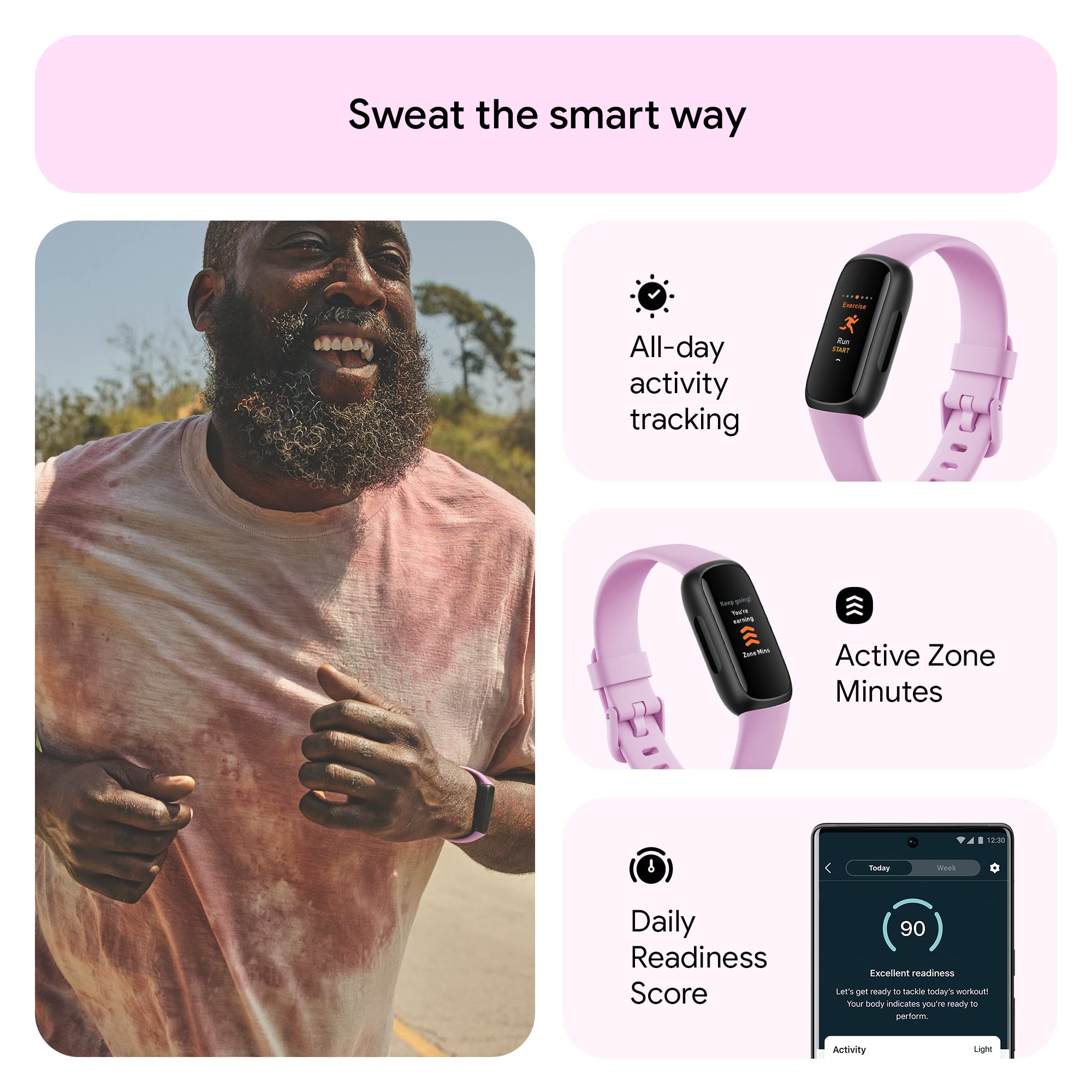 Google Fitbit Inspire 3 Health and Fitness Tracker with Stress Management, Workout Intensity, Sleep Tracking, 24/7 Heart Rate and More, Lilac Bliss/black, One Size (S and L Bands Included)