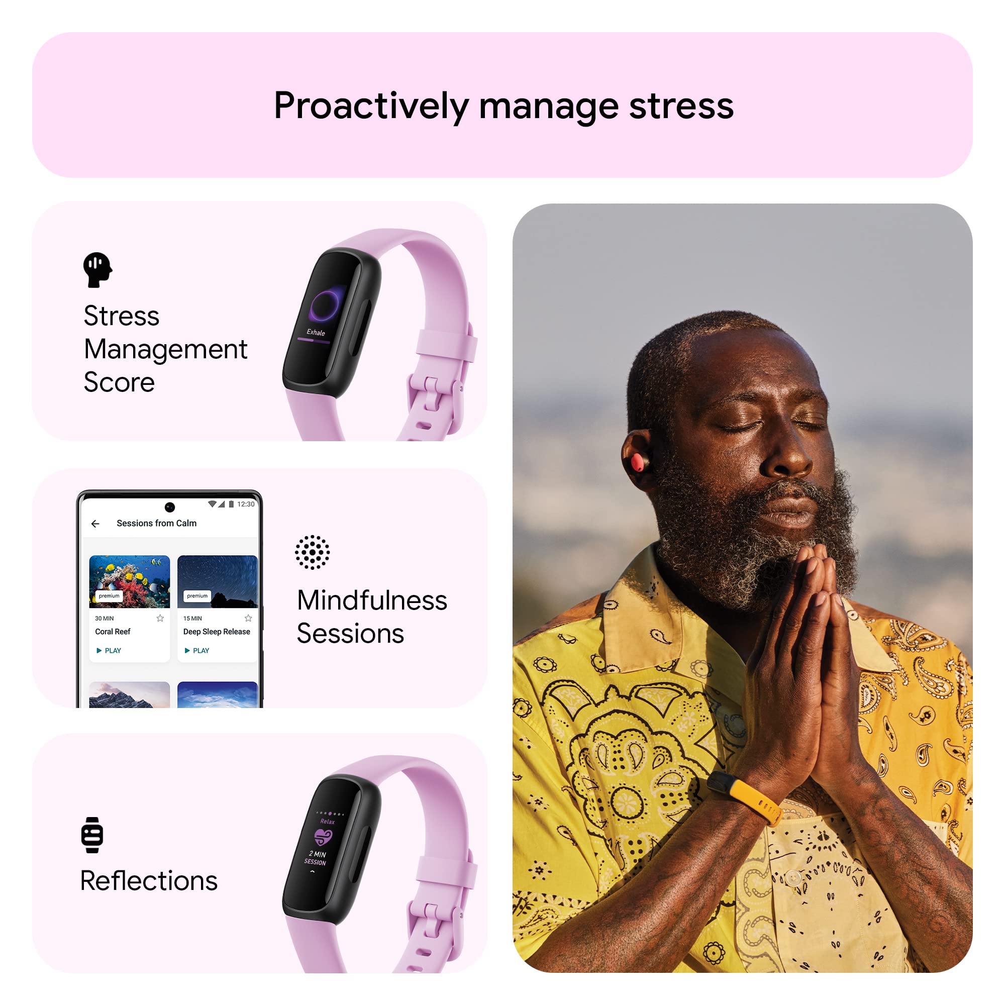 Google Fitbit Inspire 3 Health and Fitness Tracker with Stress Management, Workout Intensity, Sleep Tracking, 24/7 Heart Rate and More, Lilac Bliss/black, One Size (S and L Bands Included)
