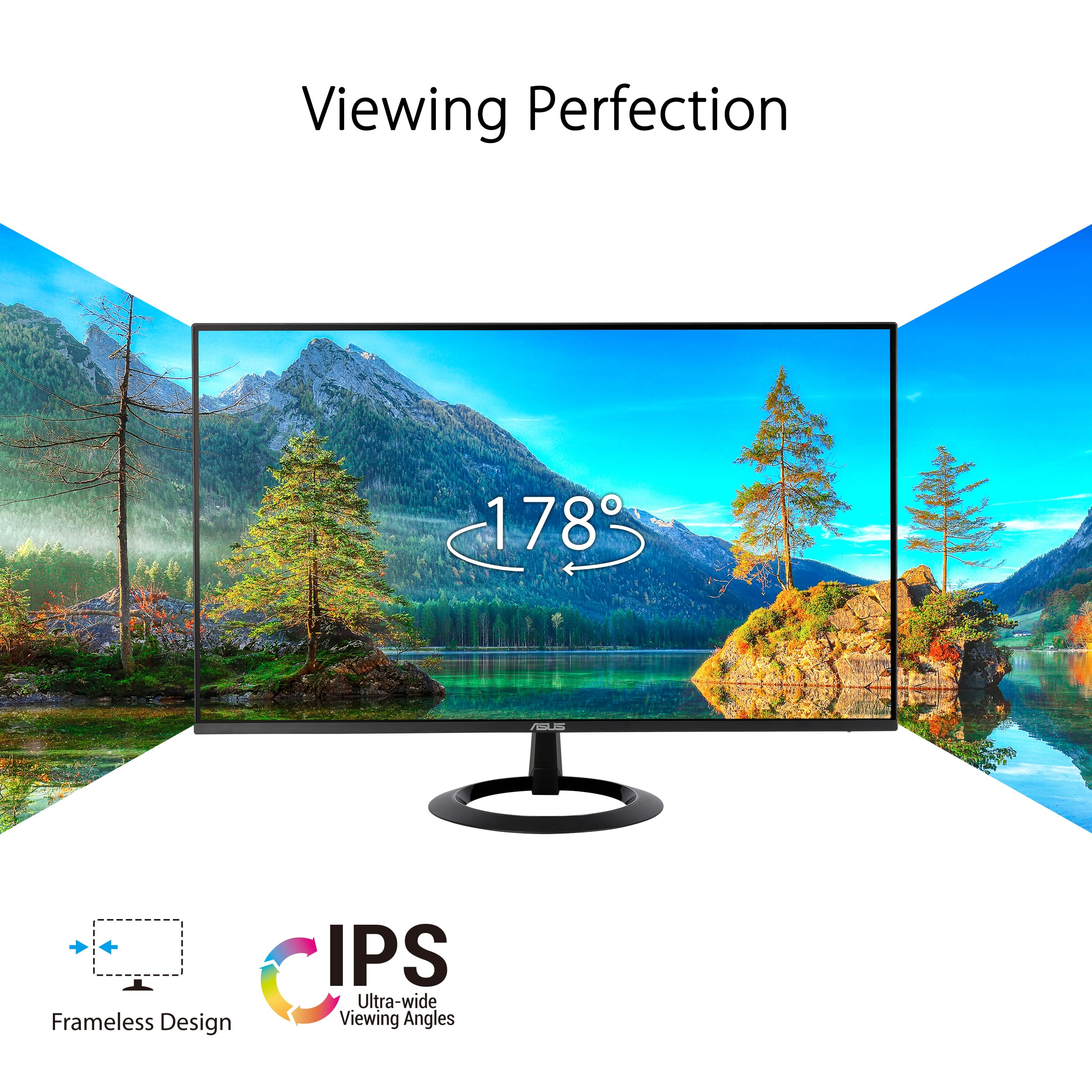 ASUS 27” (27-inch viewable) Eye Care Monitor (VZ27EHF) - Full HD (1920 x 1080), IPS, 100Hz, 1ms, Frameless, Adaptive-Sync, HDMI, Low Blue Light, Flicker Free, Ultra-Slim Profile, New