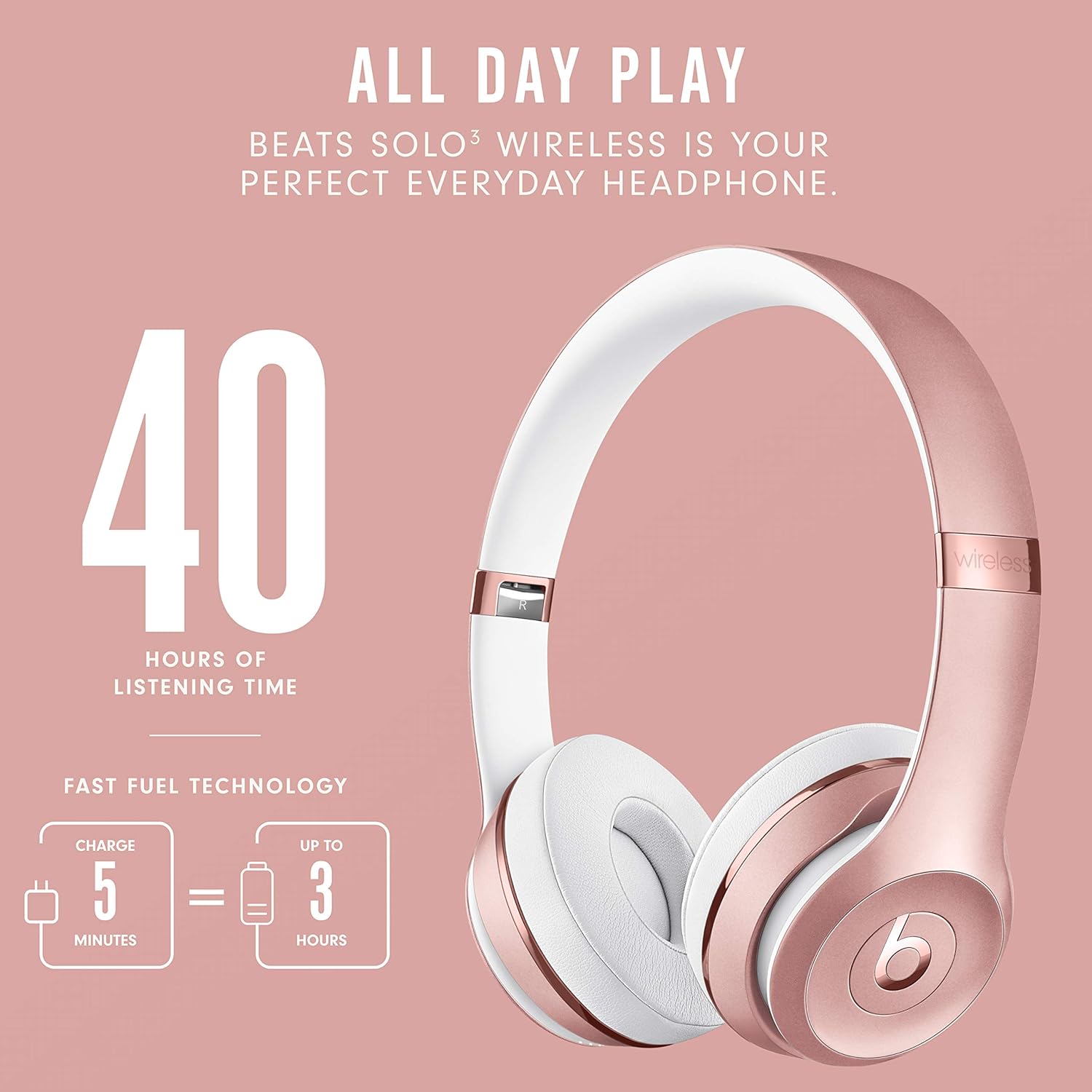 Beats Solo3 Wireless On-Ear Headphones - Apple W1 Headphone Chip, Class 1 Bluetooth, 40 Hours of Listening Time, Built-in Microphone - Rose Gold - Brand New